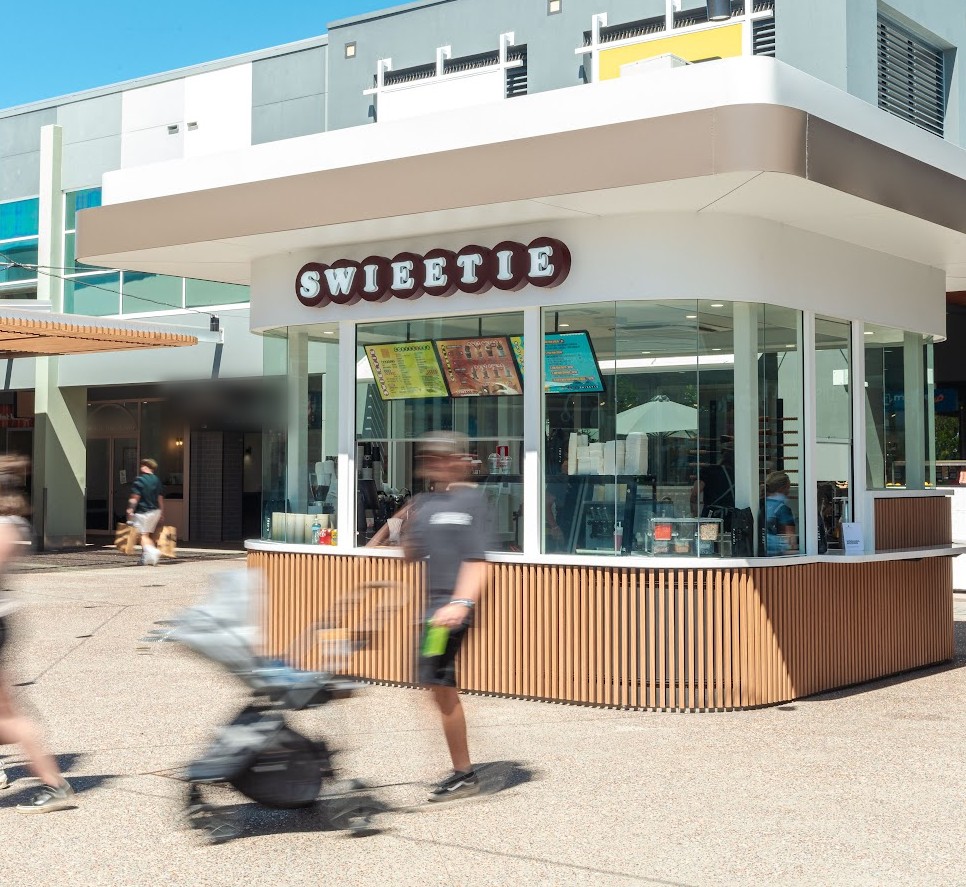 The SWIEETIE kiosk in the open air mall at Harbour Town on a sunny day